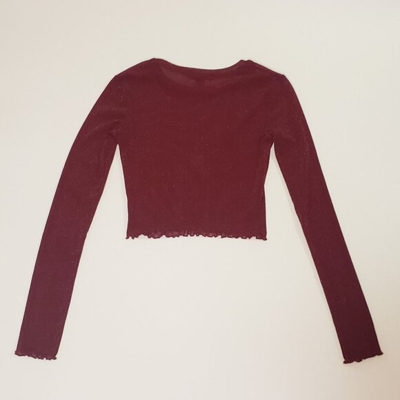 FOREVER 21 Women’s Size Small Mesh Crop Top Red Wine & Gold Shimmer Long Sleeve - Picture 13 of 16